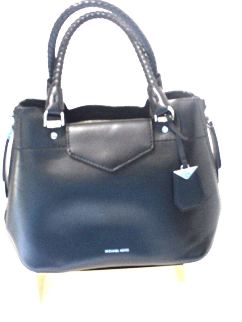 Michael Kors. Blakley, Black Leather Satchel, Braided Handles, Silver Hardware